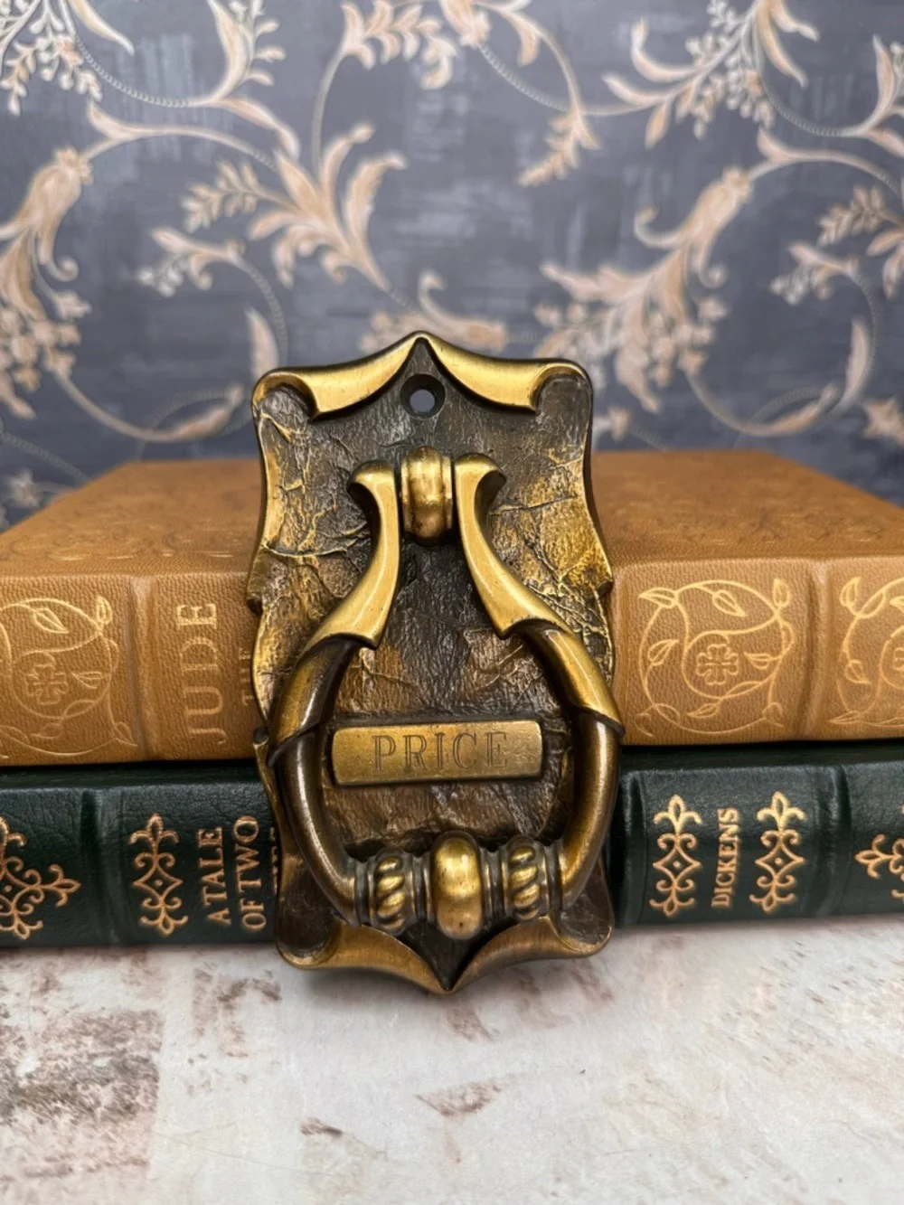 Antique Style Metal Door Knocker “PRICE” Plaque Vintage Patina